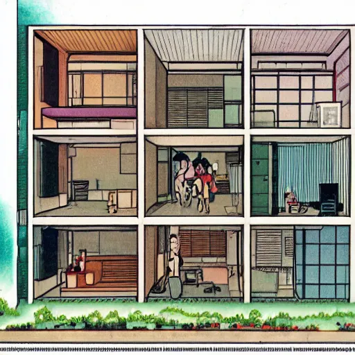 Image similar to a singaporean hdb flat, by satoshi kon