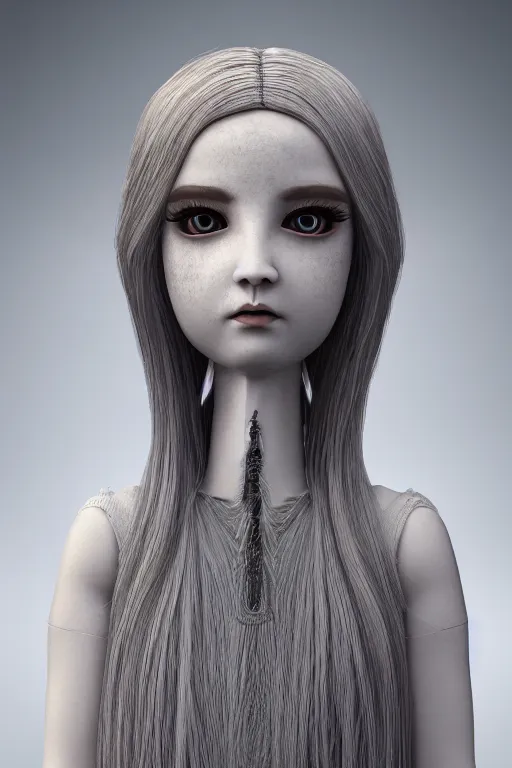 Image similar to beautiful ball jointed doll head, long shiny hair, intricate detailed, sharp focus, octane render, high quality, Symmetrical composition, 8k, volumetric lighting, on black background