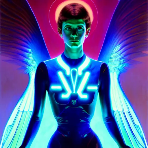 Image similar to tron angel, psychedelic lsd, diffuse lighting, hyper realistic, elegant, intricate, hyper detailed, smooth, sharp focus, concept art, illustration, trending on artstation, art by john collier, artem demura, greg rutkowski, james gurney, and alphonse mucha