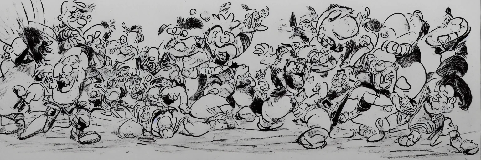 Prompt: a drawing of a fight with Asterix, Obelix, Tintin, Snowy, captain haddock. highly detailed