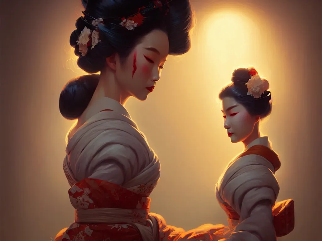 Image similar to pretty geisha, d & d digital painting, ultra realistic, beautiful, volumetric lighting, warm colors advance, cell shading, by james jean, greg rutkowski, wlop