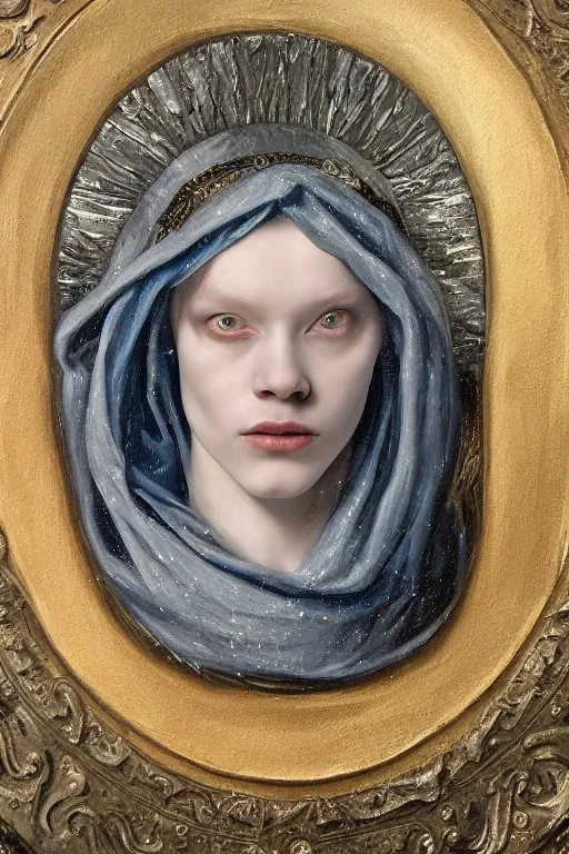 Image similar to hyperrealism oil painting, close - up portrait of albino medieval fashion model, knight, steel gradient mixed with nebula sky, in style of baroque