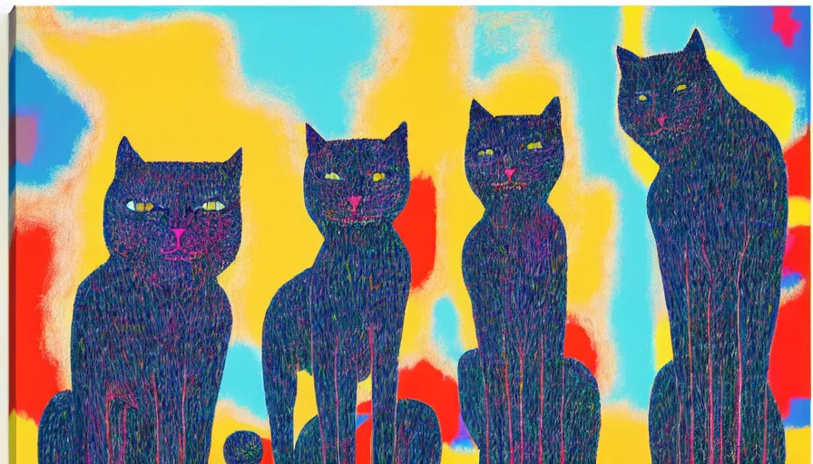 Image similar to contemporary semi abstract acrylic painting of really tall sitting cats by makoto shinkai, by stanley donwood, kessler art, thick brush strokes and visible paint layers, multicolor color scheme