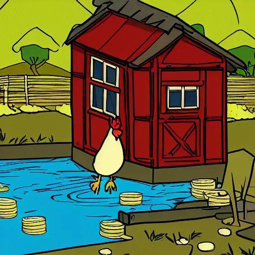 Prompt: A digital painting of a thief tripping and falling into a pond. In the background, there's a chicken coop where a rooster drinks from a wooden keg while sitting on stacks of dollar bills.