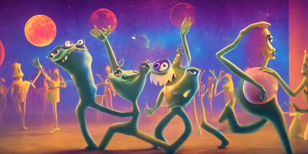 Prompt: total solar lunar eclipse occult monsters inc dance ritual, detailed facial expression, surrealism aesthetic