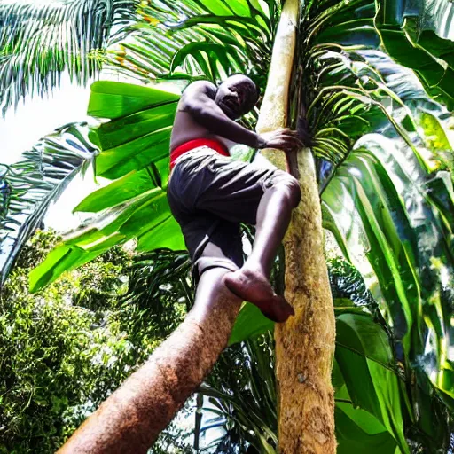 Prompt: nigerian young man climbing a big banana tree shot taking from the ground