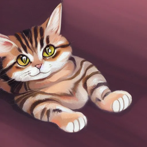 Image similar to a painting of cute tabby cat laying on the ground, a digital painting by nyuju stumpy brown, featured on pixiv, furry art, detailed painting, digital painting, speedpainting
