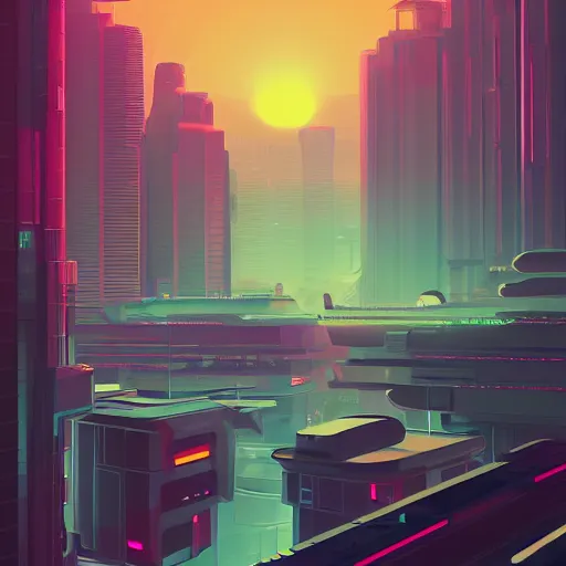 Prompt: sunset city futuristic by james gilleard