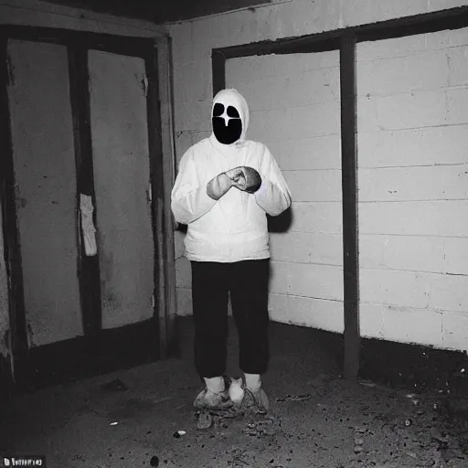 Image similar to creepy photo found on the dark web, masked person in corner, in the style of 35mm flash photography, award winning photograph,