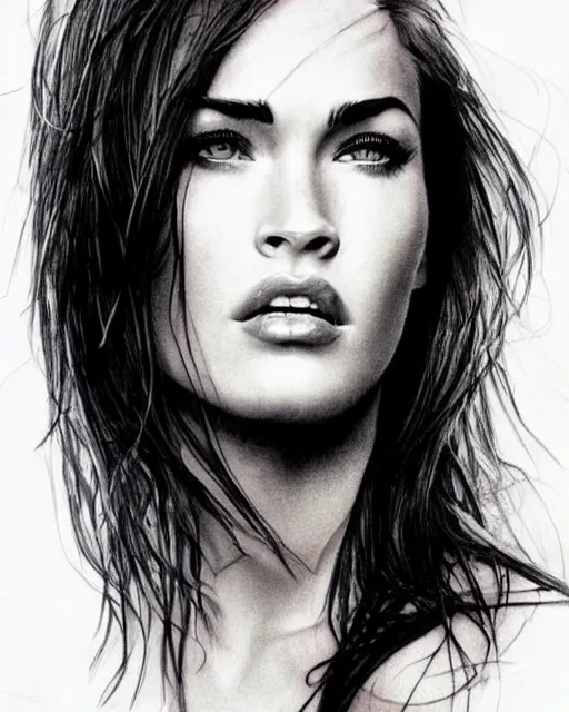 Prompt: realism tattoo design sketch of megan fox portrait blended with beautiful mountain scenery, in the style of dan mountford, double exposure photography, hyper realistic, amazing detail, black and white