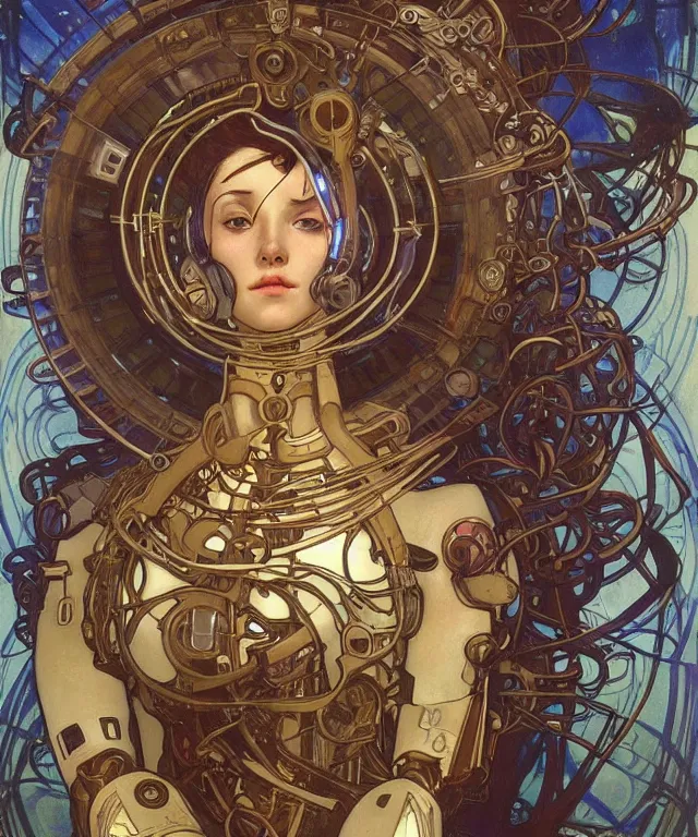 Image similar to realistic detailed portrait of a male! mecha cyberpunk! monk! by alphonse mucha and charlie bowater and art germ, rule of thirds, golden ratio, art nouveau! cyberpunk! style, mechanical accents!, mecha plate armor, glowing leds, flowing wires with leaves, art nouveau accents, art nouveau patterns and geometry, rich deep moody colors