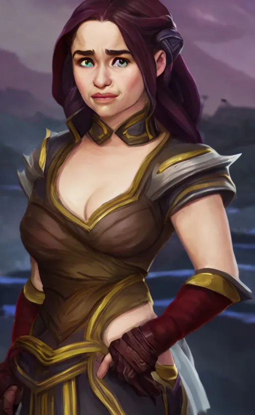 Image similar to Emilia Clarke as a character in the game League of Legends, with a background based on the game League of Legends, detailed face, old 3d graphics