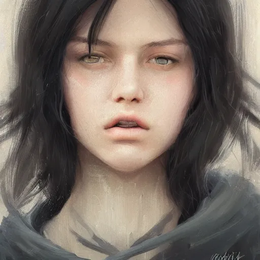 Prompt: portrait of a girl by greg rutkowski, she is about 2 0 years old, mixture between russian and japanese, prettt, black bob hair with two strands around her face, wearing a oversized jumper jumpsuit, highly detailed portrait, digital painting, artstation, concept art, smooth, sharp foccus ilustration, artstation hq
