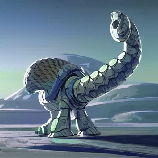 Prompt: a robotic pangolin that stands six feet tall with pearl white scales standing on two legs in front of a white starship on a green alien planet, sci Fi concept art in the style of Syd mead