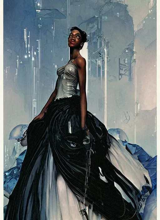 Prompt: a copic maker art nouveau dystopian portrait of a black beautiful girl detailed features wearing a latex wedding dress with a puffy skirt designed by balenciaga by john berkey, norman rockwell akihiko yoshida