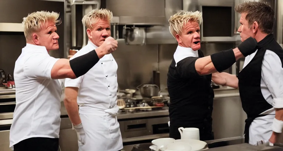 Image similar to photo of angry furious Gordon Ramsay punching Gordon Ramsay at the kitchen