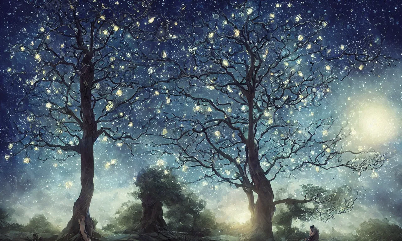 Image similar to a beautiful digital painting of a tree with low poly crystal diamond leaves, starry night sky, translucid, pretty lights, pristine marble trunk, elegant, highly detailed, artstation, concept art, matte, sharp focus, art by tom bagshaw, kelogsloops and greg rutkowski