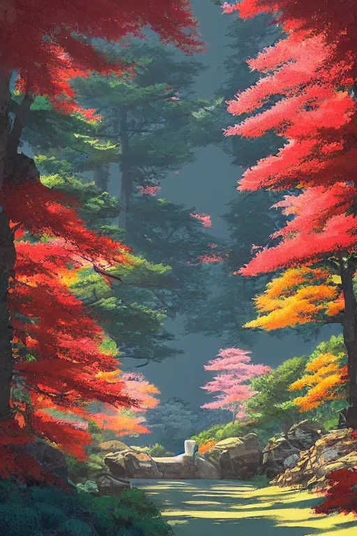 Image similar to Japanese Torii in a colorful moutain with beautiful trees ,morning , by studio ghibli painting, superior quality, masterpiece, traditional Japanese colors, by Grzegorz Rutkowski, concept art