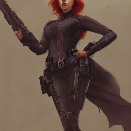 Image similar to Scarlett Johansson as the Black Widow, intricate, highly detailed, digital painting, artstation, concept art, sharp focus, illustration, art by greg rutkowski and alphonse mucha