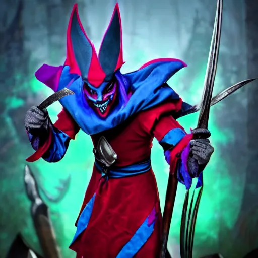 Prompt: ultra realistic shaco the mischevious jester tricking his enemies before he stabs them in the back with his wavy daggers