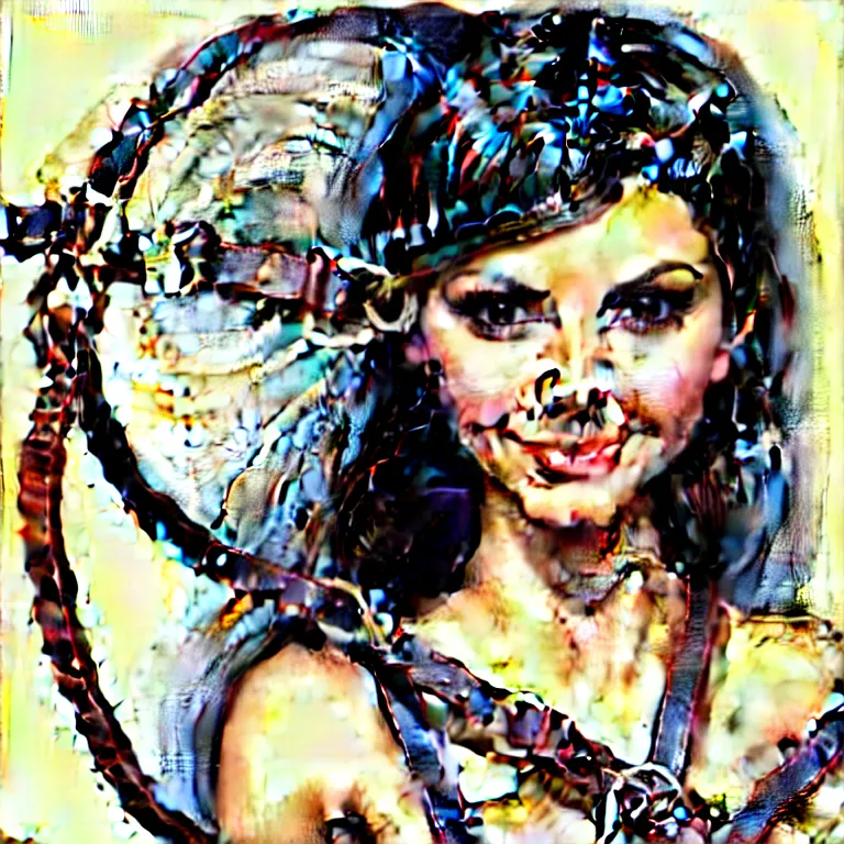 Image similar to bemused to be locked in a leather neck restraint Victoria Justice in a full frame zoom up of her face and neck looking upwards in a room of old ticking clocks, 16K resolution, complex artistic color ink pen sketch illustration, full detail, gentle shadowing, fully immersive reflections and particle effects, concept art by Artgerm, art by Range Murata, art by Studio Ghibli