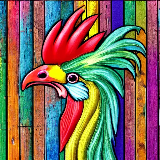 Image similar to Ornate Rainbow Rooster Portrait Antique style Barn background