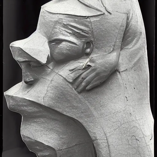 Image similar to This sculpture was painted in 1937 during the Guerra Civil Española. The woman in the sculpture is weeping for her dead husband. She is wearing a black dress and a black veil. Her face is distorted by grief. The sculpture is dark and somber. macro photo by Tara McPherson, by Josef Albers rhythmic, unified