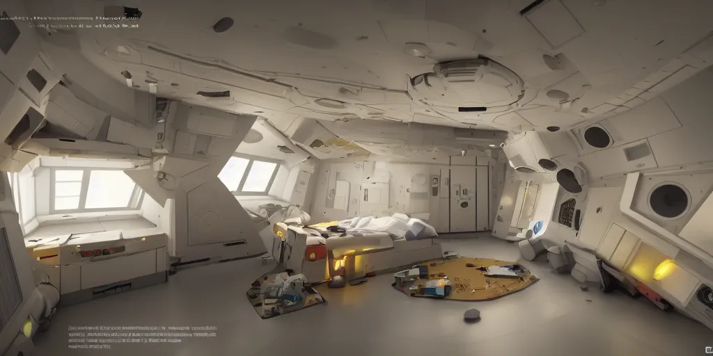 Image similar to Room of a spacecraft, with a bunk bed, Dark and light mixture, Light light atmosphere, soft light, warm tones, lights, gloom and lights, warm tones, warm colors, photo realistic, playing, CGI, Unreal Engine, Hdri