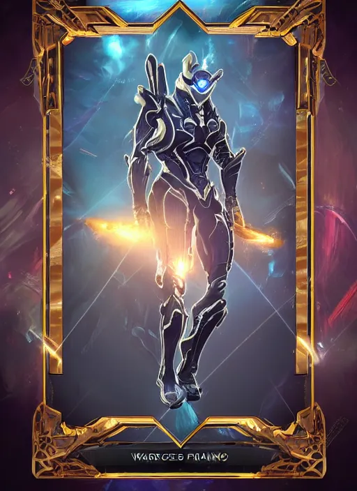 Prompt: warframe with trading card design and ornate border frame, art station, full card design