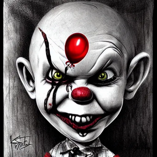 Prompt: surrealism grunge cartoon portrait sketch of the chucky with a wide smile and a red balloon by - michael karcz, loony toons style, pennywise style, horror theme, detailed, elegant, intricate