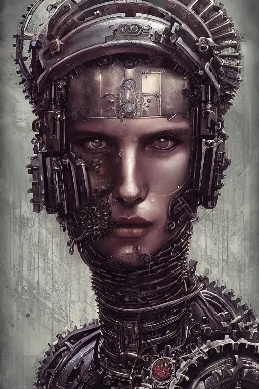 Prompt: portrait of a man made of a gears, by artgerm, tom bagshaw, gerald brom, vaporwave colors, lo fi colors, vaporwave, lo fi, moody vibe, goth vibe, 4 k, hd,