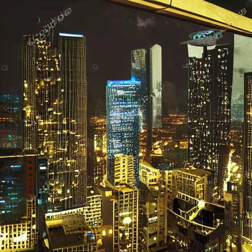 Prompt: sci - fi dystopia cityscape at midnight, view from a futuristic skyscraper