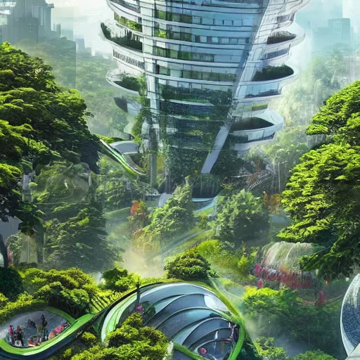 Prompt: a utopian city, lots of lush foliage, bright, futuristic sleek architecture, solarpunk, concept art, high detail