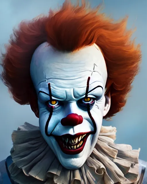 Image similar to highly detailed vfx portrait of pennywise as terminator, stephen bliss, unreal engine, greg rutkowski, loish, rhads, beeple, makoto shinkai and lois van baarle, ilya kuvshinov, rossdraws, tom bagshaw, alphonse mucha, global illumination, detailed and intricate environment