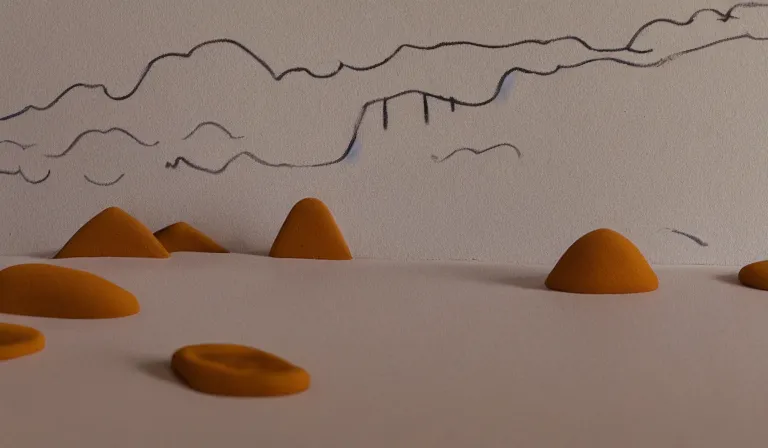 Prompt: A serene landscape with a singular building in the style of play doh