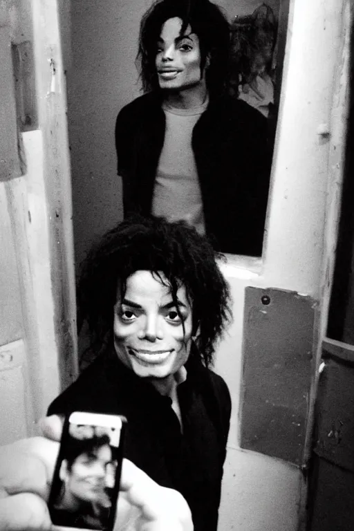 Image similar to Michael Jackson taking a selfie in the backrooms, liminal spaces, backrooms background, selfie photo,