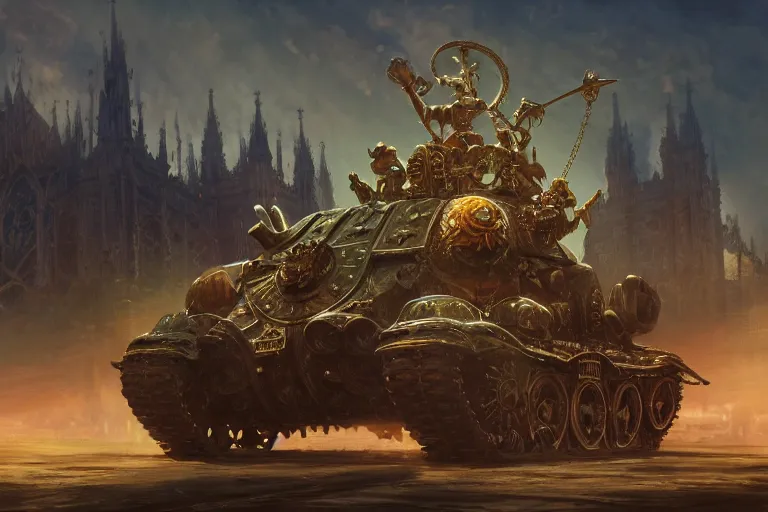 Image similar to a mobile driving ornate cathedral church mounted on a tank with chain drive, warhammer 4 0, scene in an open field. key visual, conceptart, ambient lighting, highly detailed, digital painting, artstation, concept art, sharp focus, by makoto shinkai and akihiko yoshida and kris kuksi