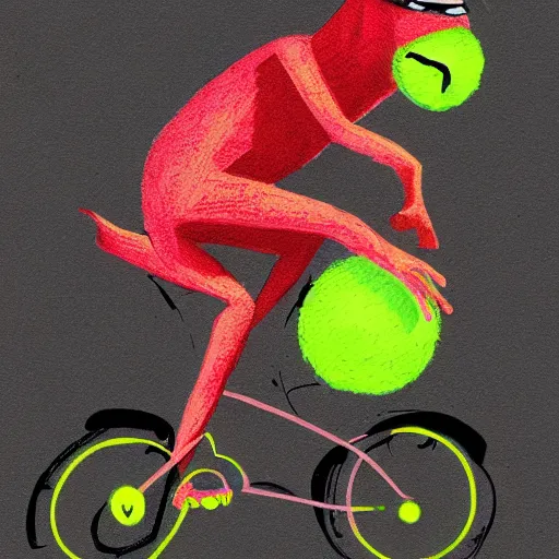 Image similar to a tennis ball monster, tennis ball, dark, chalky, riding a bike, digital art, fantasy, magic, trending on artstation, ultra detailed, professional illustration by Basil Gogos