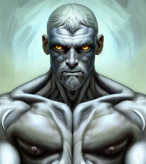 Prompt: symmetry portrait of a tall warrior with grey hair and big muscles, light blue eyes and body full of scars, his skin in extremely white and grim looking, mysterious ultra detailed, intricate, anime, dynamic lighting, digital art, digital painting, art station, wlop, sharp focus, illustration, art by artgerm and greg rutkowski and alphonse mucha