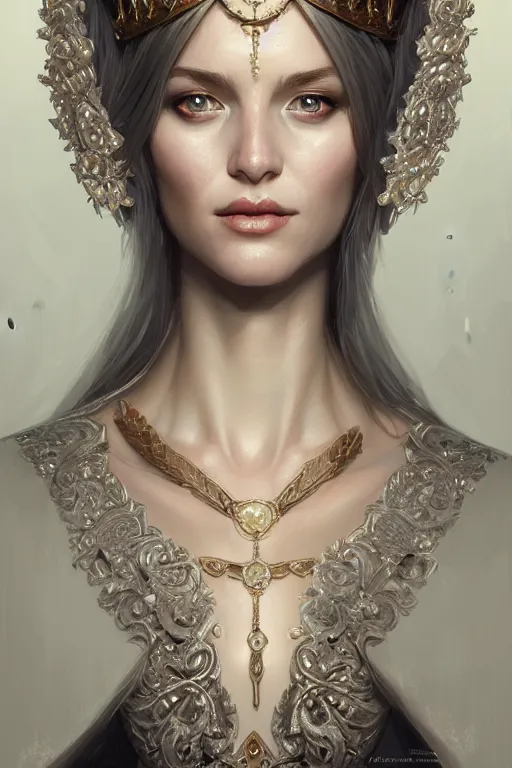 Image similar to highly detailed portrait of an elegant norwegiangoddess, ornate crown, beautiful symmetrical face, glowing skin, digital painting, artstation, concept art, smooth, clear focus, illustration, greg rutkowski, artgerm, global lighting, detailed and fantasy