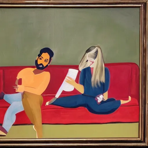 Image similar to painting of indian guy and blonde swedish girl drinking gin and tonics on the couch