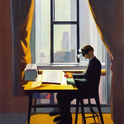 Image similar to A fine art painting of a man wearing Vr goggles and creating the metaverse at a desk through a window on a British street. In the style of Edward Hopper and Wes Anderson