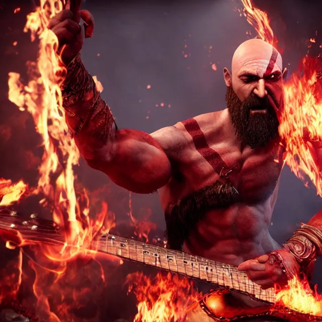 Image similar to kratos rocking out on a flaming stratocaster guitar, cinematic render, god of war 2 0 1 8, playstation studios official media