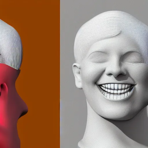 Image similar to a 3 d smiling model of a white marble human head holding a coctail, digital illustration, in the style of leticia gillett, 3 d render, above the waist