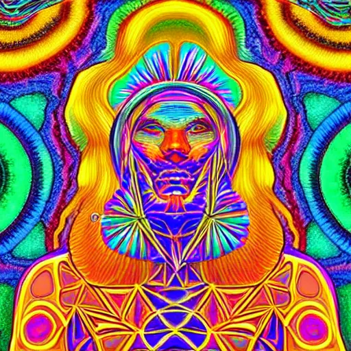 Prompt: a medicine man with a face made of ornate sacred geometry, psychedelic, iridescent
