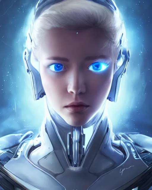 Image similar to photo of a beautiful girl on a mothership, android, warframe armor, pretty face, scifi, futuristic, galaxy, raytracing, dreamy, perfect, aura of light, pure, white hair, blue cyborg eyes, glow, insanely detailed, artstation, innocent look, art by gauthier leblanc, kazuya takahashi, huifeng huang