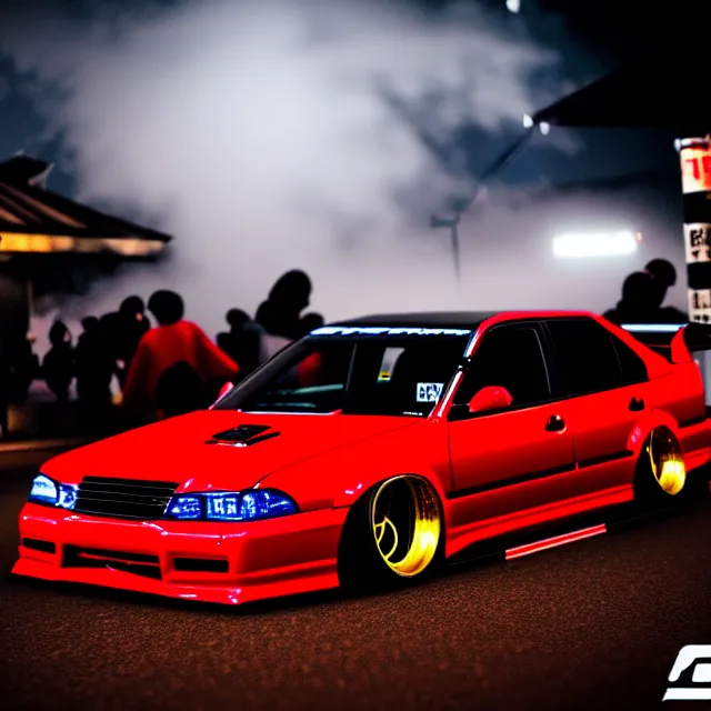 Prompt: a car JZX100 twin turbo drift at illegal car meet, Kanagawa prefecture, city midnight mist lights, cinematic lighting, photorealistic, highly detailed wheels, high detail