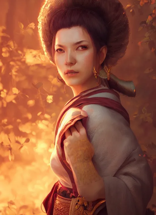 Image similar to Beautiful art portrait of a female fantasy monk martial arts expert in a bright temple surrounded by lush forest, atmospheric lighting, intricate detail, cgsociety, hyperrealistic, octane render, RPG portrait, ambient light, dynamic lighting