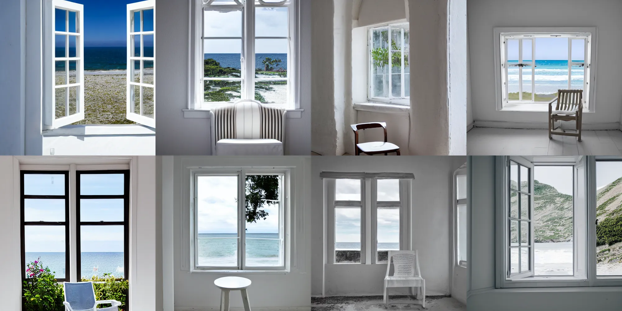 Prompt: a chair in a white room in vanice, there is a window to the sea