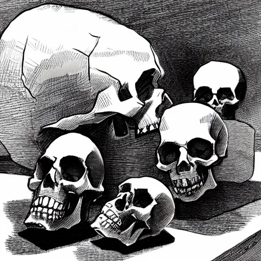 Image similar to Skulls lying on a shelf. Close Up Shot, Dark Fantasy, Film Noir, Black and White. High Contrast, Mike Mignola, D&D, OSR